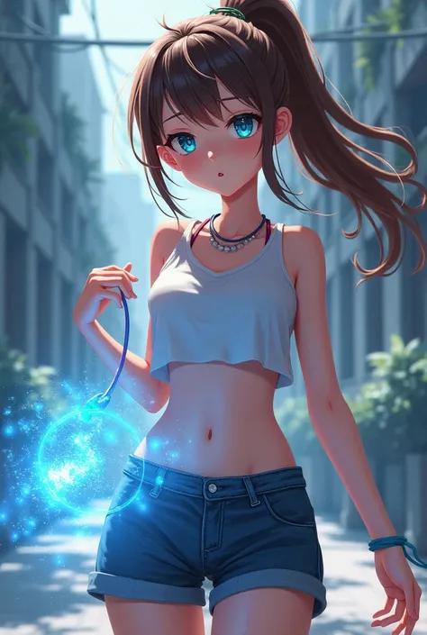 Age 	15
Gender Identity 	female
age range 	adolescent
clothing 	short shorts
entity 	human
fashion accessories 	elastic hair tie
fetish appeals 	large breasts
looks 	exposed midriff, cyan eyes, brown hair, long hair, ponytail
role 	student
supernatural abi...