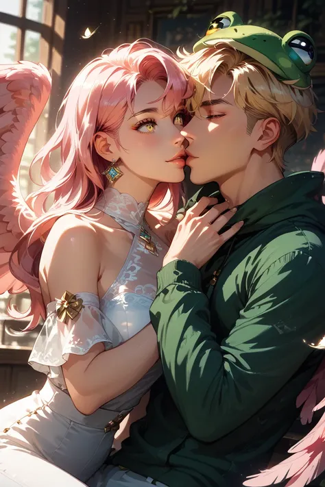 male faerie with wavy pastel pink hair, gold eyes, and translucent pink wings wearing a WHITE halter shirt, tight white pants, white lace kissing a woman with chin-length blonde hair, wearing a bright green sweatshirt with frog eyes on the hood. This takes...