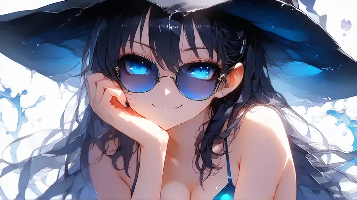 An HD scene of a mysterious 30 year old female witch, with long black hair, with bright light blue eyes, wearing a ((dark-blue bikini made of eldritch slimes)), wearing a ((black witch hat with blue details)), wearing ((blue sunglasses)), high detail, high...