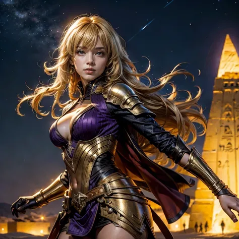 yangxiaolong, yang xiao long, smiling, long hair, blonde hair, (purple eyes:1.3), ahoge, bangs, BREAK cleavage, wearing a white mini dress with gold trim, mechanical arms, single mechanical arm, prosthesis, prosthetic arm, BREAK night, stars, outdoors in E...