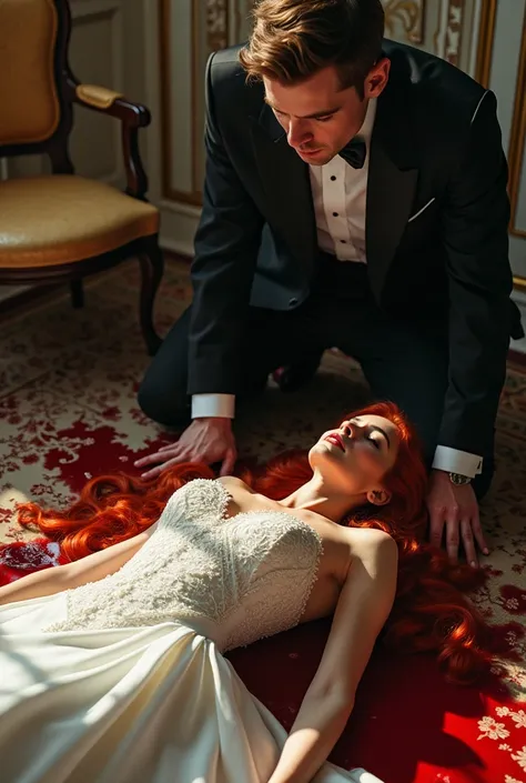 A white woman with very, very beautiful copper hair lies on the floor in blood in a wedding dress. A handsome man in a tuxedo and a hazel eyed man crying in his head