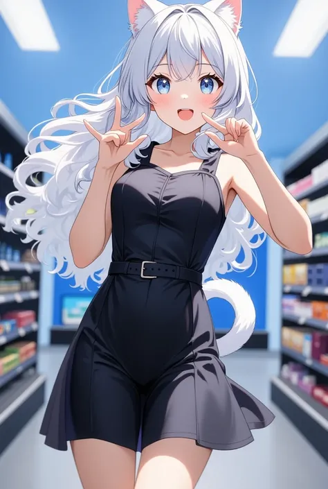 Girl with silver hair and cat ears, The girl with the white cat's tail, black mini skirt dress, supermarket shelf, I'm surprised and overjoyed, (((bust shot))), Put your hands on your mouth, lean forward, and rejoice,  Ceiling Fluorescent Light,  Shiro