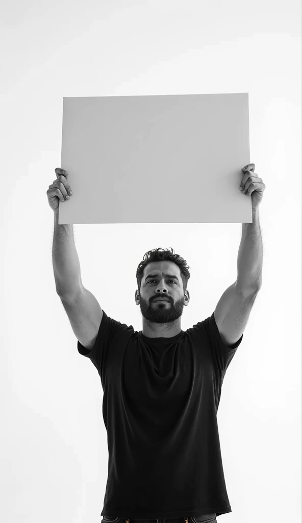 White man in black t-shirt with arms raised holding a white sign. Colored image with white background.