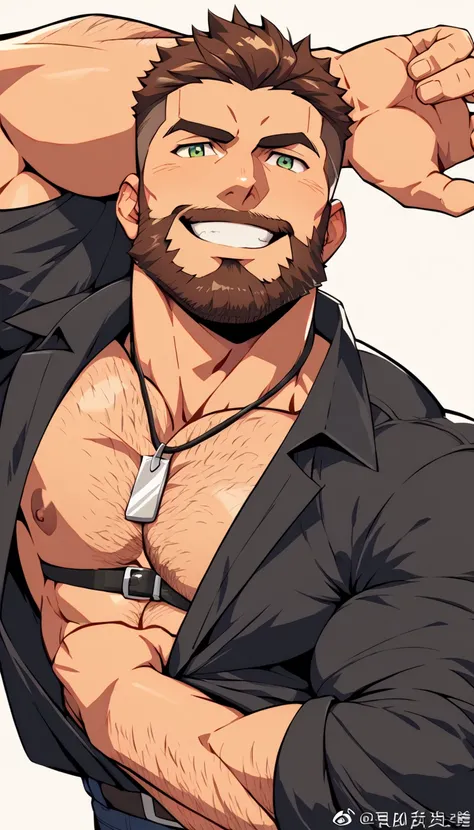 a handsome bearded tattoed hairy muscled man half naked, open his black shirt, leather harness, half full naked, smile, green eyes, brown hair, short haircut, very handsome, big arms, thin waist, big chest, small nipples, perfect anatomy, average penis, av...