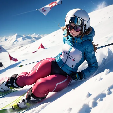 Ski women's alpine、A female ski alpine athlete is sliding down between flags on a slope, detailed