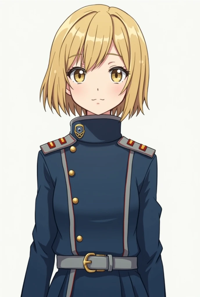 The model wears short light yellow bob hair, of small stature with a small waist and with a blue military uniform with gray and reddish details 