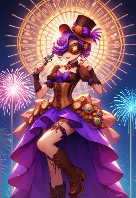  A feminine character who combines steampunk style with the exuberance and exuberance of carnival .  She wears a brown leather corset adorned with golden gears ,  silk ribbons and sophisticated metallic details .  Her skirt is bulky and asymmetric ,  made ...