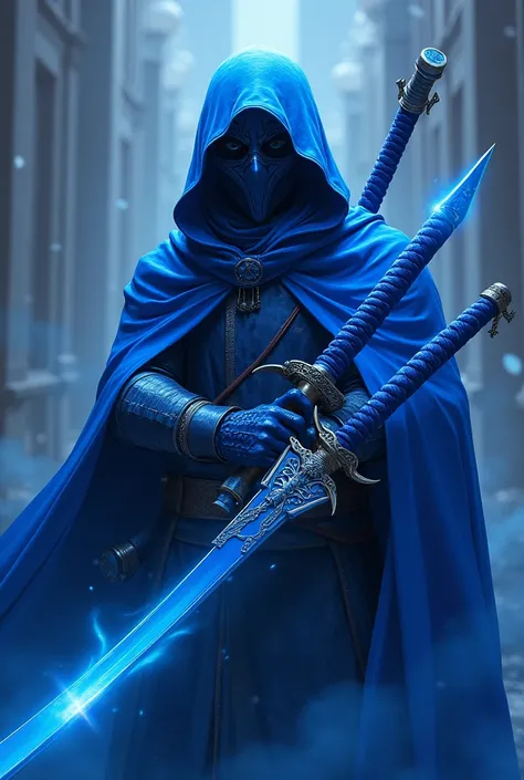 Blue jacket blue ring a blue katana a big blue sword blue hood and mask