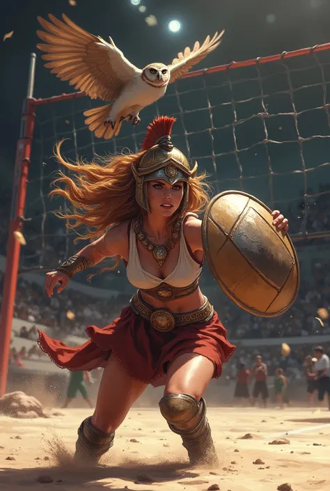 Atena greek goddess as goddess of valleyball, dynamic pose, long hair, attacking, owl flying above her, oil panting, digital paiting, she is playing valleyball, valleyball hall in background, she is wearing warrior helmet and shield, valleyball court, ((va...