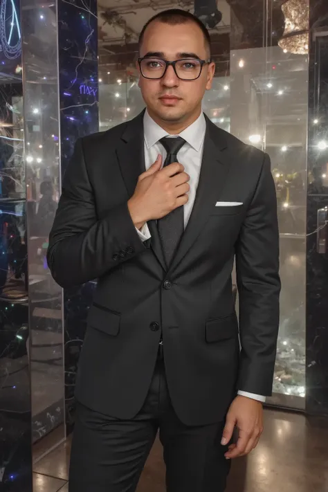  a young and strong man ,  with a confident expression , posing as a model in a modern tailoring suit in the color black, standing out in the Vogue cover style .  Stylized background with modern and futuristic elements ,  in shiny and metallic tones ,  rea...