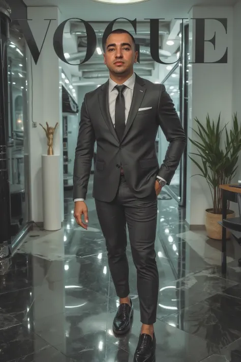 a young and strong man , with a confident expression , posing as a model in a modern tailoring suit in the color black, standing out in the Vogue cover style . Stylized background with modern and futuristic elements , in shiny and metallic tones , rea...