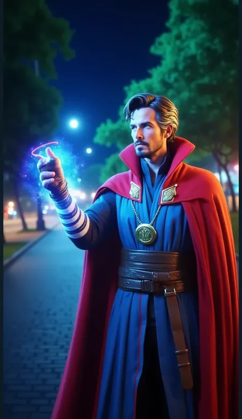 The image is a digital illustration of a man dressed as a superhero. He is standing on a street at night, with trees and streetlights in the background. The man is wearing a blue robe with a red cape draped over his shoulders and a gold necklace with a pen...