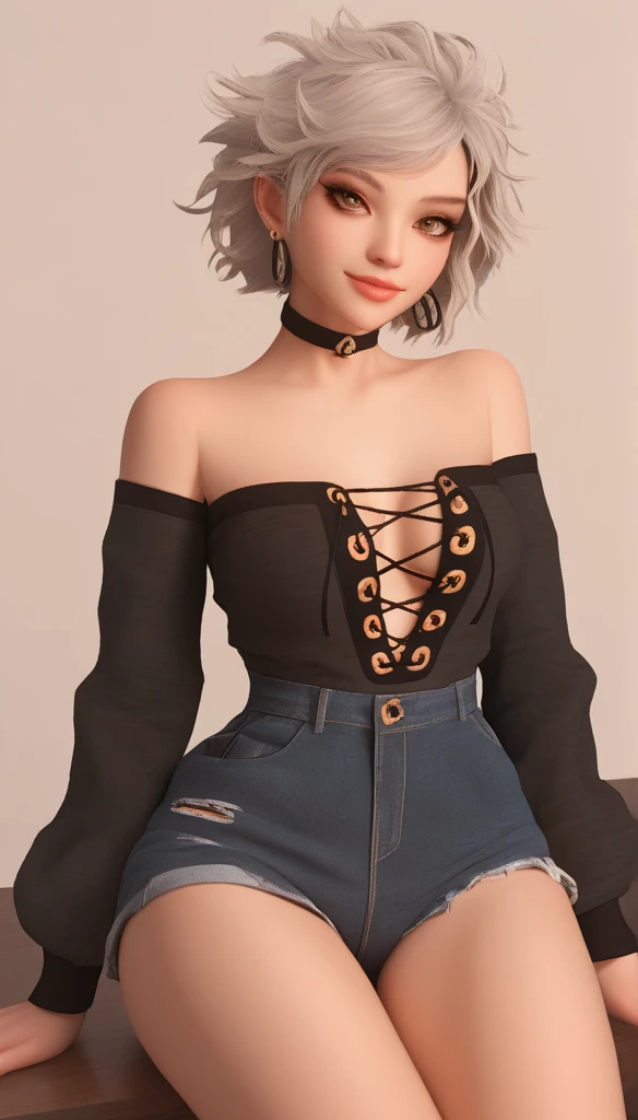 ( obra maestra),   medium breasts, ((1   Body 19 years old)),   pending, ((  very short hair  ,   ear piercing,   straight bangs  , choker )), ((  warm silver hair  ,   messy hair )),   straight hair,   thin open eyes  ,   brown eyes,  beautiful,   mischie...