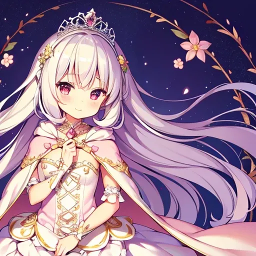 (solo), focus on character, (kawaii), (masterpiece), (best quality), (ultra detailed face), (rococo style gown), (long train pastel pink cape:1.3), (long train white ball gown:1.1), wide flared skirt, gown with flower decorations, (a girl is wearing a long...