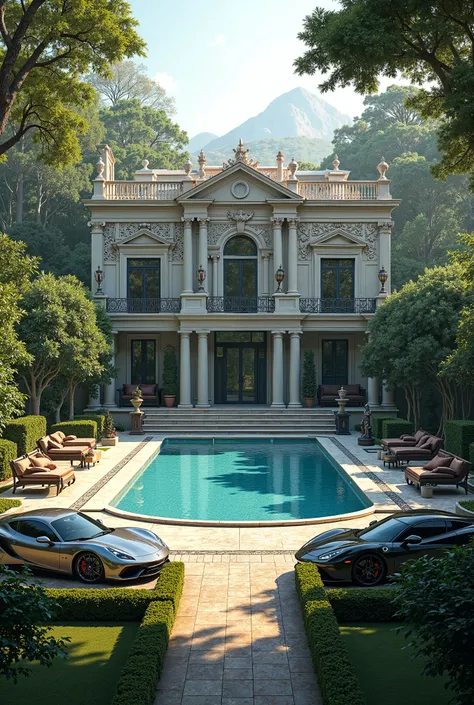  Create an extremely realistic setting with a luxurious mansion with a swimming pool, large space for leisure surrounded by beautiful trees and with several sports cars