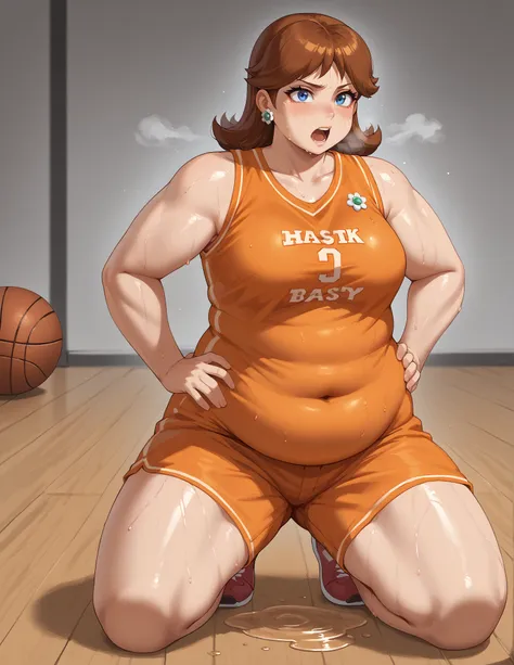 score_9, score_8_up, score_7_up, BREAK, 1girl, solo, princess daisy, 1girl, solo, brown hair, neck length hair, jewelry, makeup, casual, cowboy shot, blue eyes, looking at the viewer, large breasts, hand on hips, orange tanktop, sweaty, orange shorts, swea...