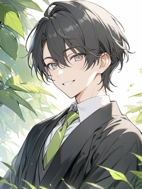 1 boy, handsome, short hair, black hair, gray eyes, smile, white shirt, green necktie, black robe