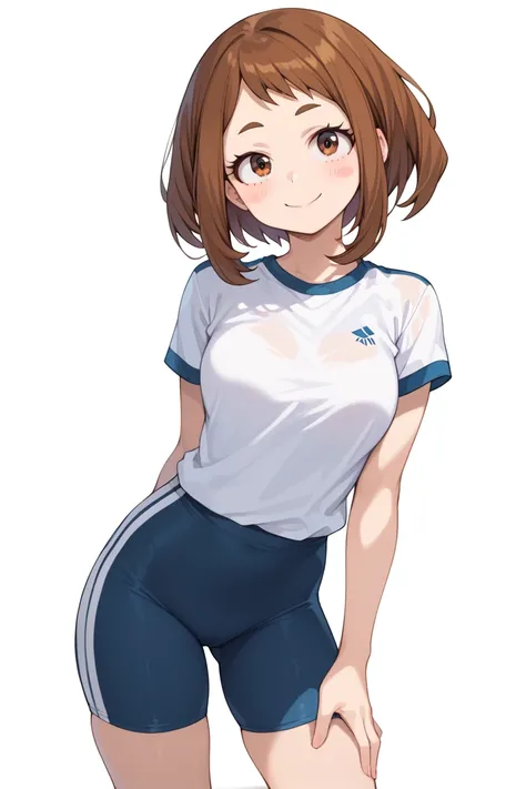 simple background, nsfw, 1girl, ochako uraraka, brown eyes, brown hair, short hair, blush, blush stickers, smile, closed mouth, white shirt, training wear, blue bike shorts, hip, slim legs, white shirt, training wear, blue bike shorts,