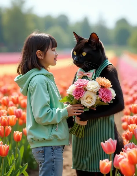 documentary photo, Photo-realistic, ultra-realistic, (amazing view of colorful flower farm), 1 girl\( 20 years old polish  beautiful girl, beautiful with cute face, wearing a spring wear with tight jeans pants, pastel nylon jacket on the horizontal wide st...