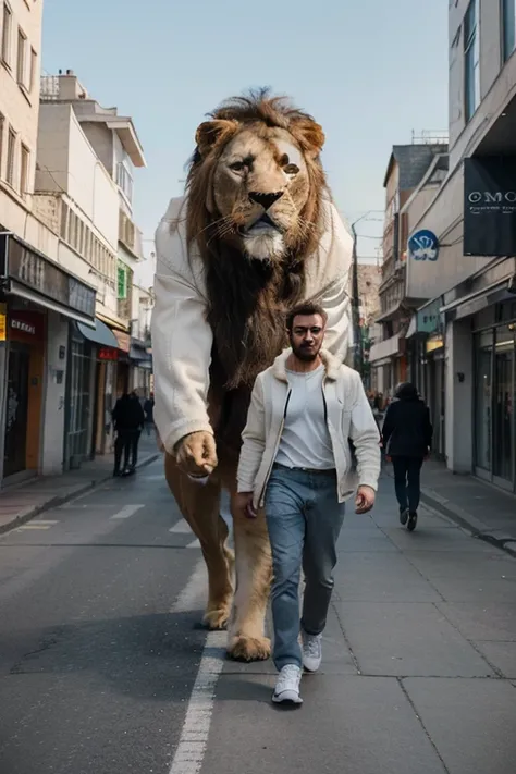 A realistic photograph of a man in a white jacket walking side whit a super Giant lion with thick fur, both walking directly towards the camera in a straight line, with a futuristic city as the background 