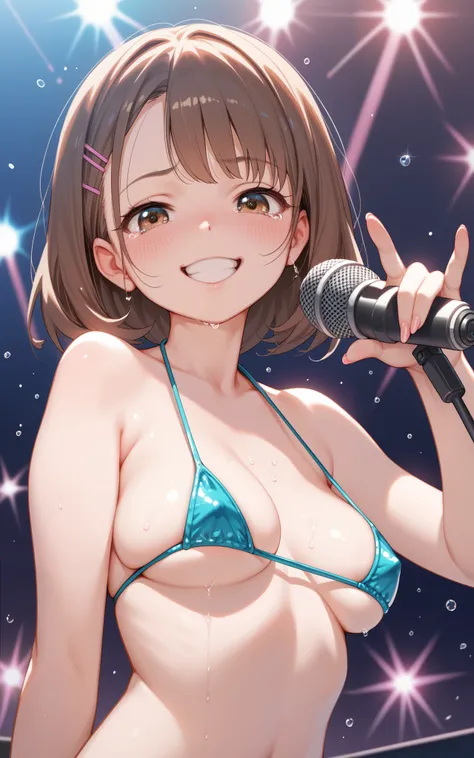 アイドル, clubbing, cry, sobbing, bashfulness, shame, forced smile, micro Bikini, microphone, clothing audience, brown hair