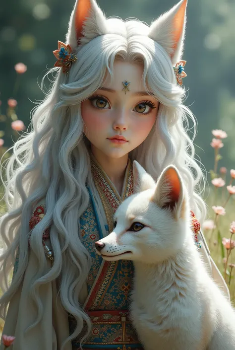 girl with silver hair、A silver fox has ears and a tail、They wear clothes that look like national costumes