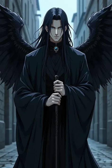  make the image of a man with long black hair ,  blue gray pupil and a neutral facial expression , he has black wings on his head , black wings on the back,And black wings around the waist , he wears an all-black robe and is holding a cane , he is in an en...