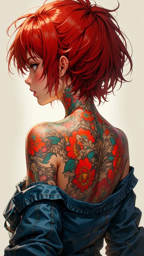  A detailed digital artwork ， A young woman with short and red hair， The top of the head cut into a layered design 。 Her back is decorated with intricate colorful tattoos ， including bright red flowers 。 She wears a slightly off-shoulder denim jacket ， rev...