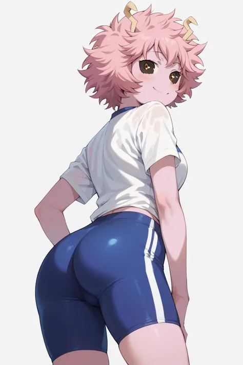 simple background, nsfw, 1girl, minaashido, 1girl, blush, blush stickers, smile, closed mouth, white shirt, training wear, blue bike shorts, hip, from behind, white shirt, training wear, blue bike shorts,