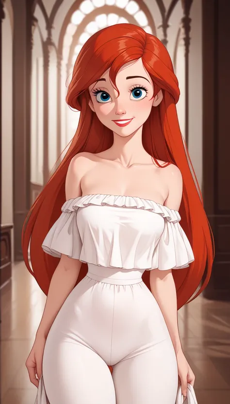 score_9, score_8_up, score_7_up, DisneyAriel, 1girl, red hair, blue eyes, long hair, looking at viewer, on a white strapless off the shoulder ruffle maxi dress, standing at the hallway, near the ballroom, relaxed and contemplative atmosphere, upper body, s...