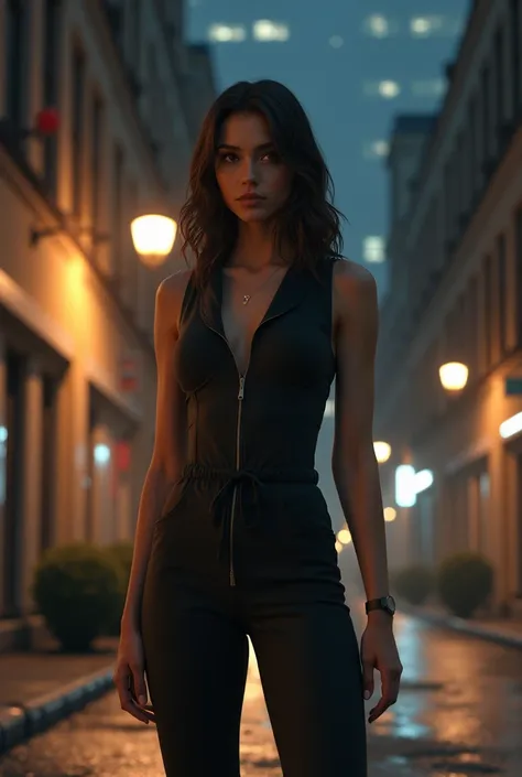 Realistic Maranza girl in jumpsuit under buildings at night 