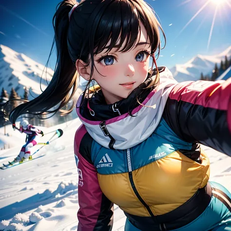 Ski women's alpine athlete、composition, Gliding briskly down the slope of the ski course、cute face, black hair and ponytail, close up photo, detailed face