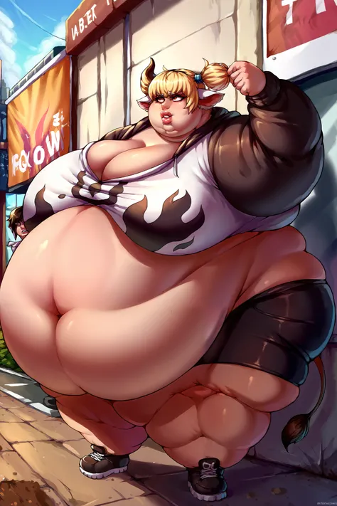 Girl becoming a monster, becoming a troll, fat, chubby, obese, cow hoodie, cow horns, cow tail, black bike shorts, brown eyes, blonde hair, twin tails, bangs, hair pulled back, big ears, big nose, big lips, 900 pounds, 10 ft tall, hunchback, broad shoulder...