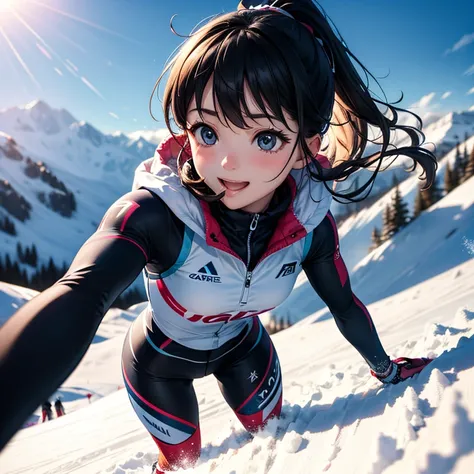 Ski women's alpine athlete、composition, Gliding briskly down the slope of the ski course、cute face, black hair and ponytail, detailed face