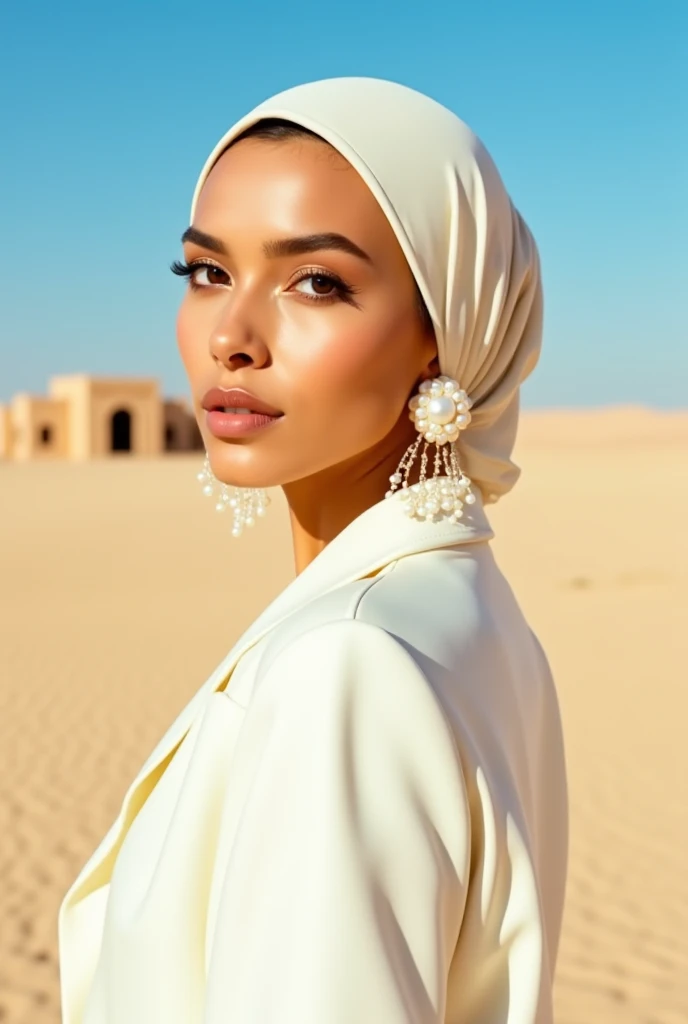 This image shows a glamorous looking woman against the backdrop of a vast desert. The following is a detailed explanation for producing high-quality photos:

Subject: A young woman with a firm face and attractive features. Her skin had a bright golden hue ...