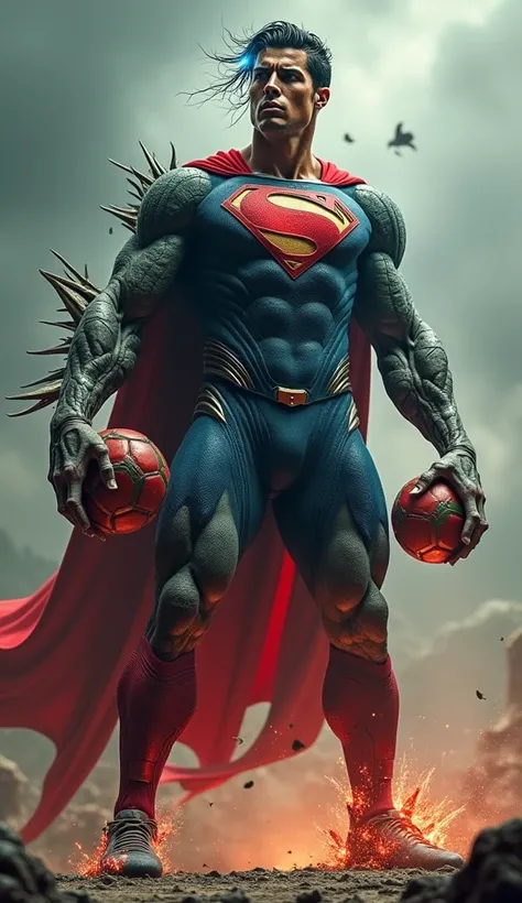 A towering, grotesque, and terrifying hybrid monster dominates the scene, blending the features of Cristiano Ronaldo and Superman into a nightmarish fusion. The creature stands at least 15 feet tall, with a muscular, humanoid body that is both athletic and...