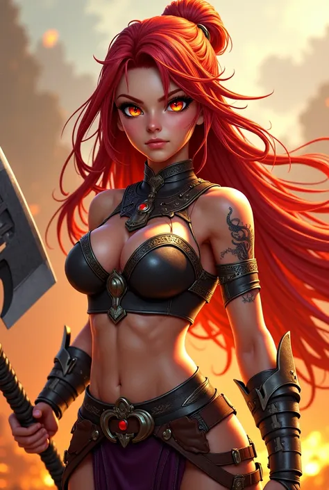 4K anime style quality, digital drawing mode, powerful anime female character, long wild crimson hair, fierce amber eyes, wearing tattered warrior armor, tribal tattoos on arms and back, wielding a massive battle axe, Blur the background to create a three-...