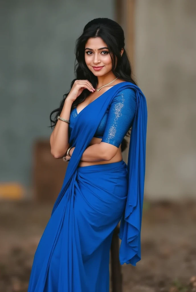 Dark skinned dusky medium built Tamil mature aunty in blue low waisted saree and blue hot blouse revealing waist