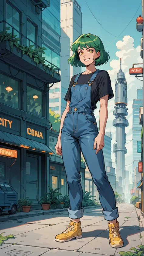 score_9, score_8_up, score_7_up, Western Comics, young woman with Mischievous smile,Yellow eyes, Green hair. Gremlim nature. Full body, blue overalls,black shirt, futuristic city background