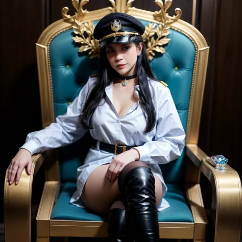 ((((bbw  )))) a woman sitting on a chair in a shatteroom, long hair, breasts, bangs, blue eyes, thighhighs, cleavage, hair between eyes, medium breasts, very long hair, blue hair, collarbone, boots, parted lips, choker, belt, signature, uniform, white thig...