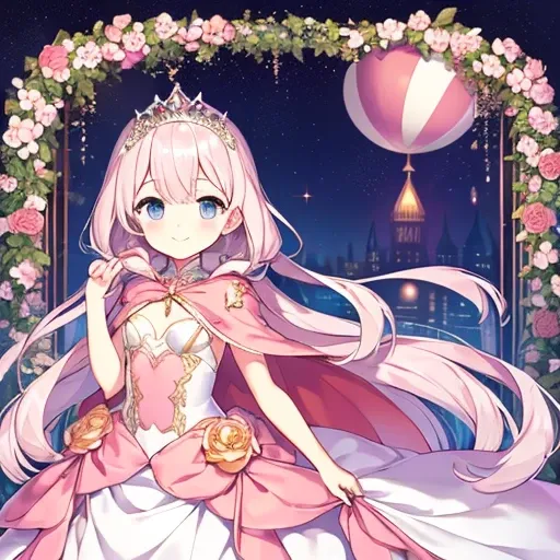 kawaii, best quality, rococo style,(long train pastel pink cape:1.15), very long cape,(long train white ball gown with flower decorations:1.1), a girl is wearing a cape over her gown, 1 little princess, tiara, smile, very long hair, small breasts, looking ...