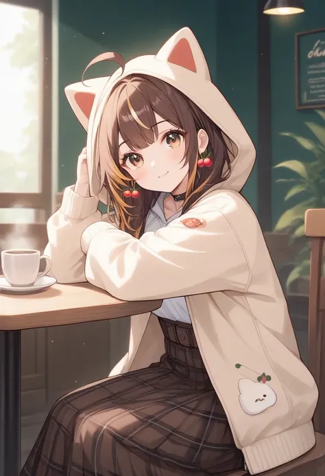 masterpiece, best quality, 1girl, solo, N4nashiCas, brown eyes, brown hair, long hair, streaked sidelocks, ahoge, cherry earrings, black choker, oversized hoodie, beige hoodie, animal hood, wide sleeves, long skirt, high-waist skirt, plaid skirt, brown ski...