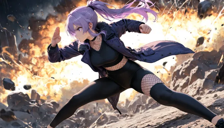 lilac hair, long hair, ponytail, black leggings, black shirt, lilac winter coat, fishnets, fighting stance, masterpiece, best quality, amazing quality, absurdres, very aesthetic
