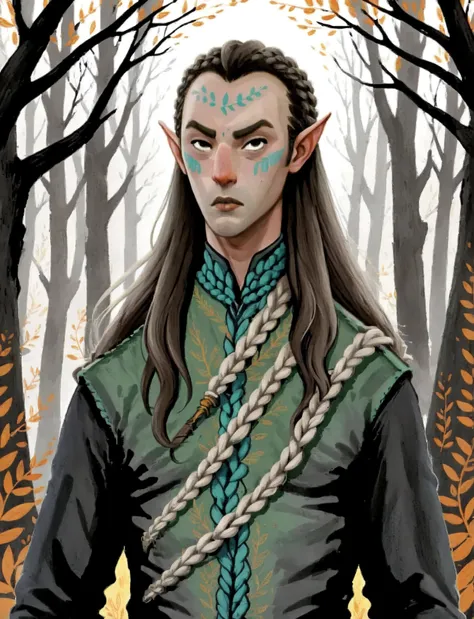 2D ART, hyper detailed gouache painting, illustration, gougoupaintleaves style, portrait of a man, 1boy, solo, long_hair, braided brown hair, high_ponytail_hairstyle, male_drow:1.5, dark elf, black eyes, black_sclera, detailed face, handsome features, dark...