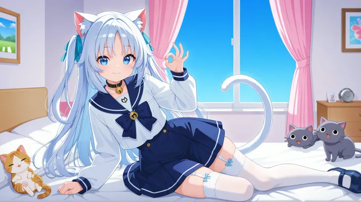 Nekomiya mana long bluish white hair with navy blue hair extensions 
A kawaiii-themed girl, Neko, wears a hybrid uniform between the classic Japanese sailor school uniform and a tennis suit..  She wears a short skirt with folds in navy blue and shades whit...