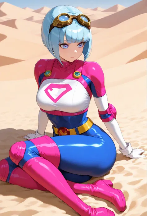 Young Woman with smooth neon blue bob haircut, with haircut points going down past jaw, in a full skin tight super hero suit, with goggles on hair, with white top pattern, with blue bottom pattern, with neon pink thigh boots, with white arm gloves, with be...