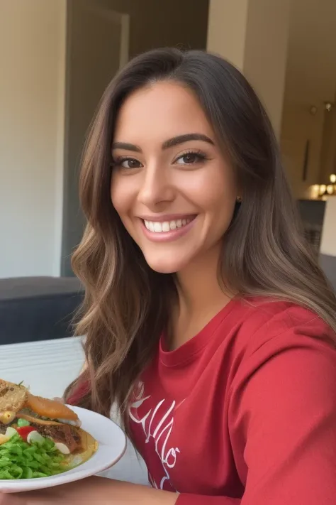 smiling woman in red shirt sitting in chair with a plate of food, headshot profile picture, selfie of a young woman, 30 years old woman, 3 0 years old woman, smiling and looking directly, halfbody headshot, kailee mandel, no makeup wavy hair, pokimane, bea...