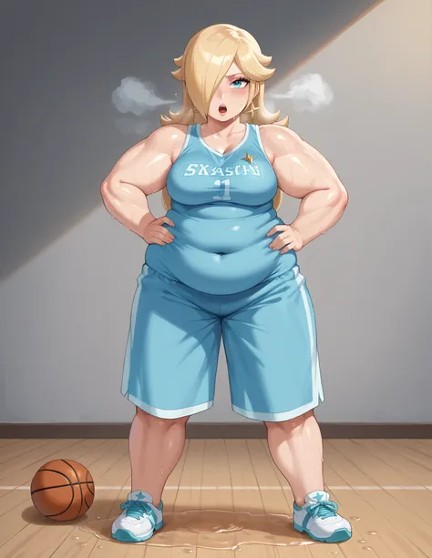 score_9, score_8_up, score_7_up, BREAK, 1girl, solo, princess rosalina, 1girl, solo, blonde hair, long hair, jewelry, makeup, casual, cowboy shot, blue eyes, looking at the viewer, large breasts, hand on hips, blue tanktop, sweaty, blue shorts, sweating pr...