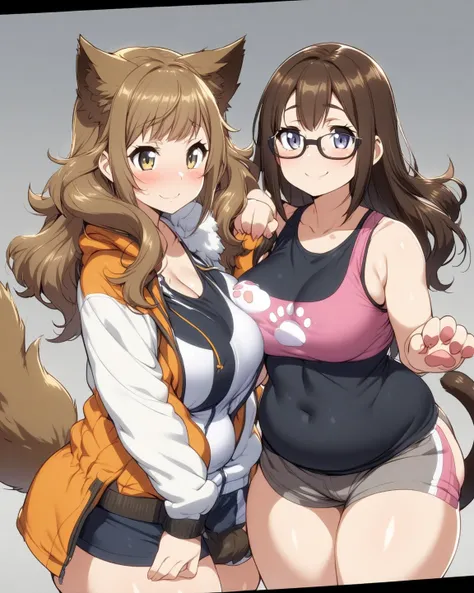 Anime, 2 girls, plump, fluffy hair, side-layered hair, brunette, curvy body, sports bra (((paw imprint))), jacket, short shorts, glasses, tail, shy Smile, sisters, posing together