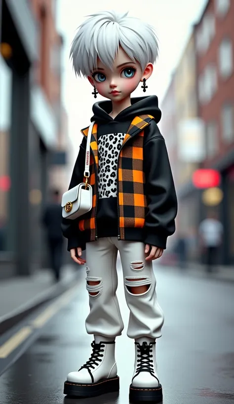 3D animation style, BJD,  boy, white hair, gray eyes, cold expression, black cross earrings, black long-sleeved hoodie with leopard print pattern, hood, black and orange plaid collared short-sleeved shirt jacket, hoodie and jacket are thigh-length, white t...